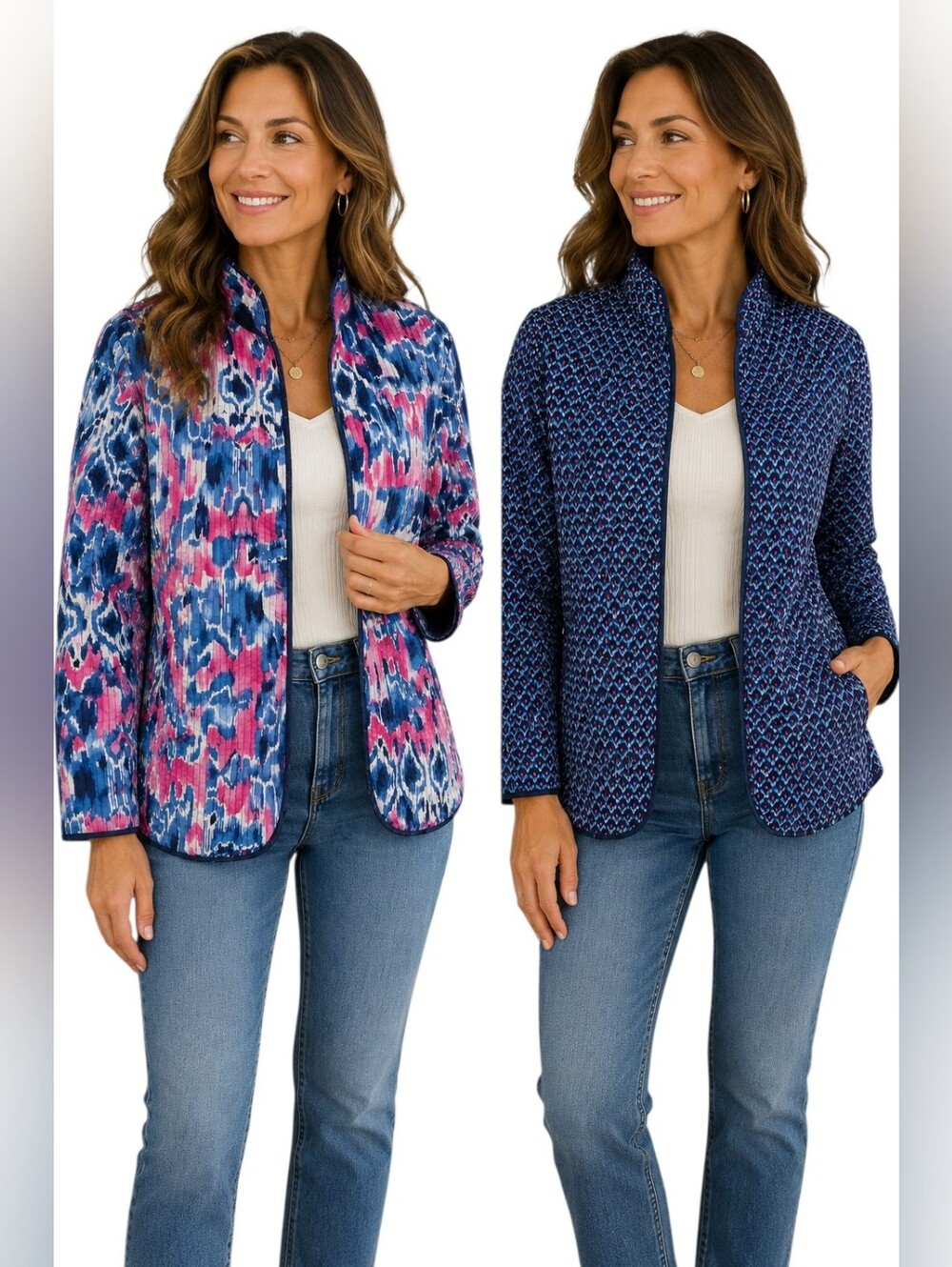 Alfred Dunner Reversible Quilted Ikat Print Open Front Jacket Blue Pink